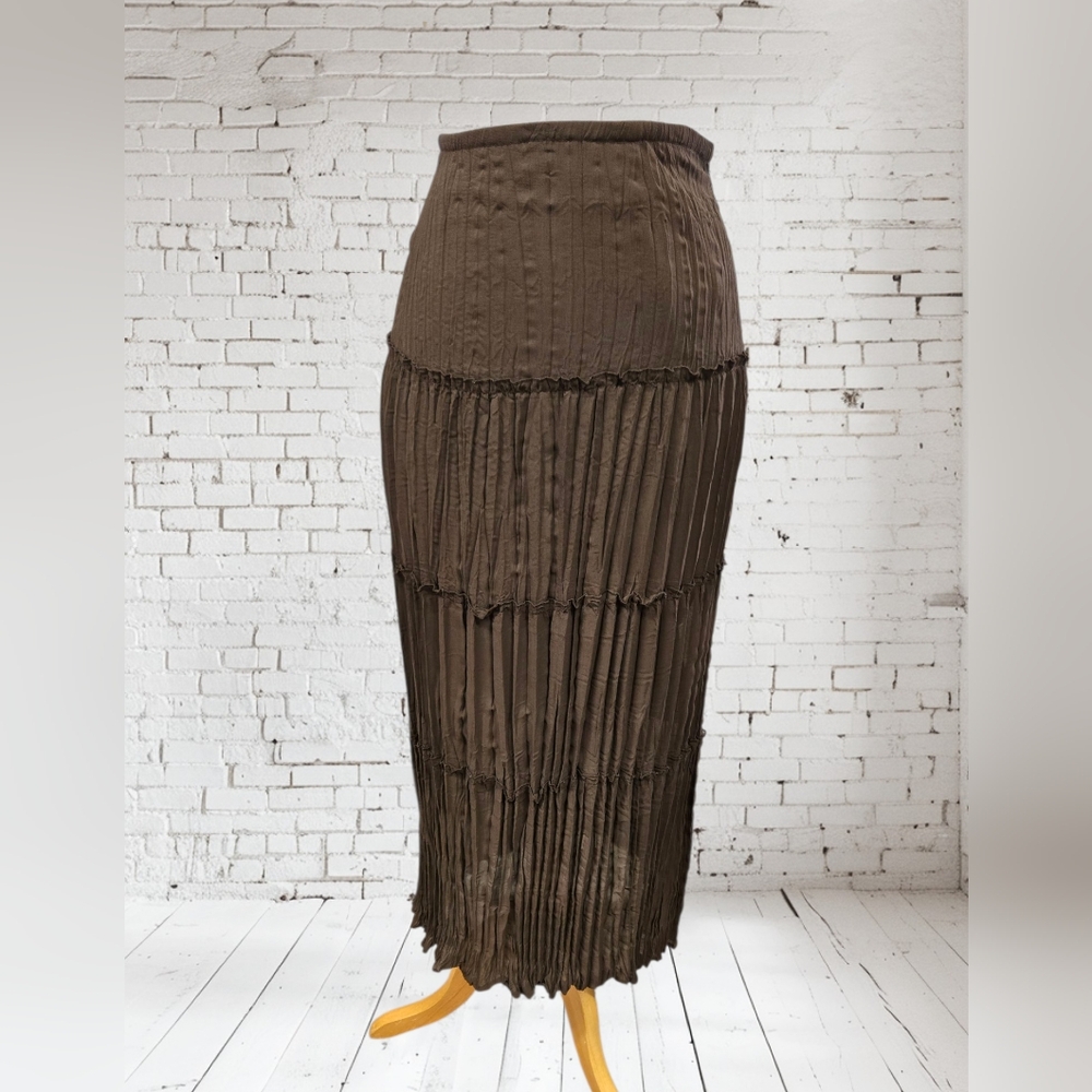 Vintage Bay Studio Career Brown Pleated Tiered Wrinkle Skirt Petite Bohemian